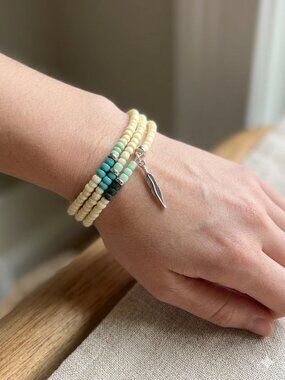 Designs by Forte | Boho Feather Memory Wire Wrap Bracelet - Sage & Cream
